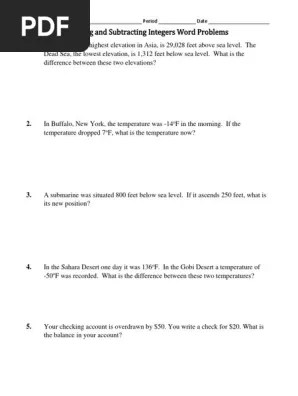 Subtracting integers means reducing the first value by the second amount in an. Adding And Subtracting Integers Word Problems Worksheet Pdf Overdraft Transaction Account