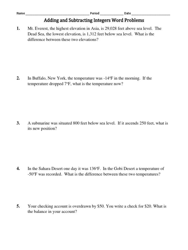 How does the adding and subtracting integers worksheet help understanding of this topic? Adding And Subtracting Integers Word Problems Worksheet Pdf Overdraft Transaction Account