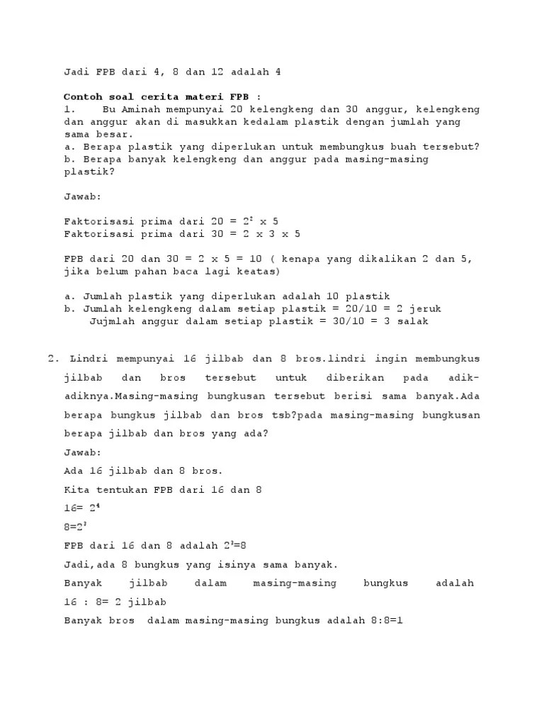 Soal & pembahasan matematika sd, smp & sma. Soal Cerita Kpk Fpb Pdf
