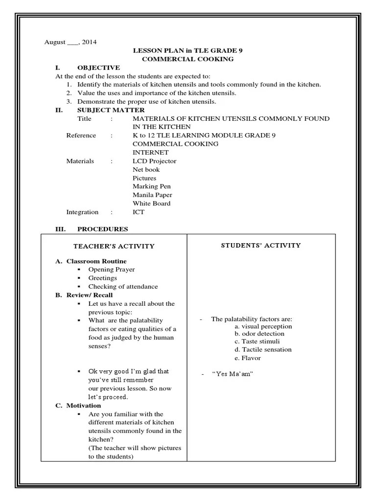 Detailed Lesson Plan In Tle Kitchen Utensils And Equipment | PDF | Cookware And Bakeware ...