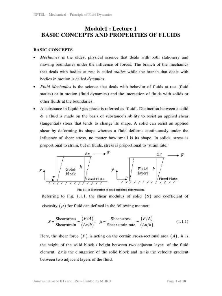 Basic Concepts And Properties Of Fluids | PDF | Fluid Dynamics | Viscosity