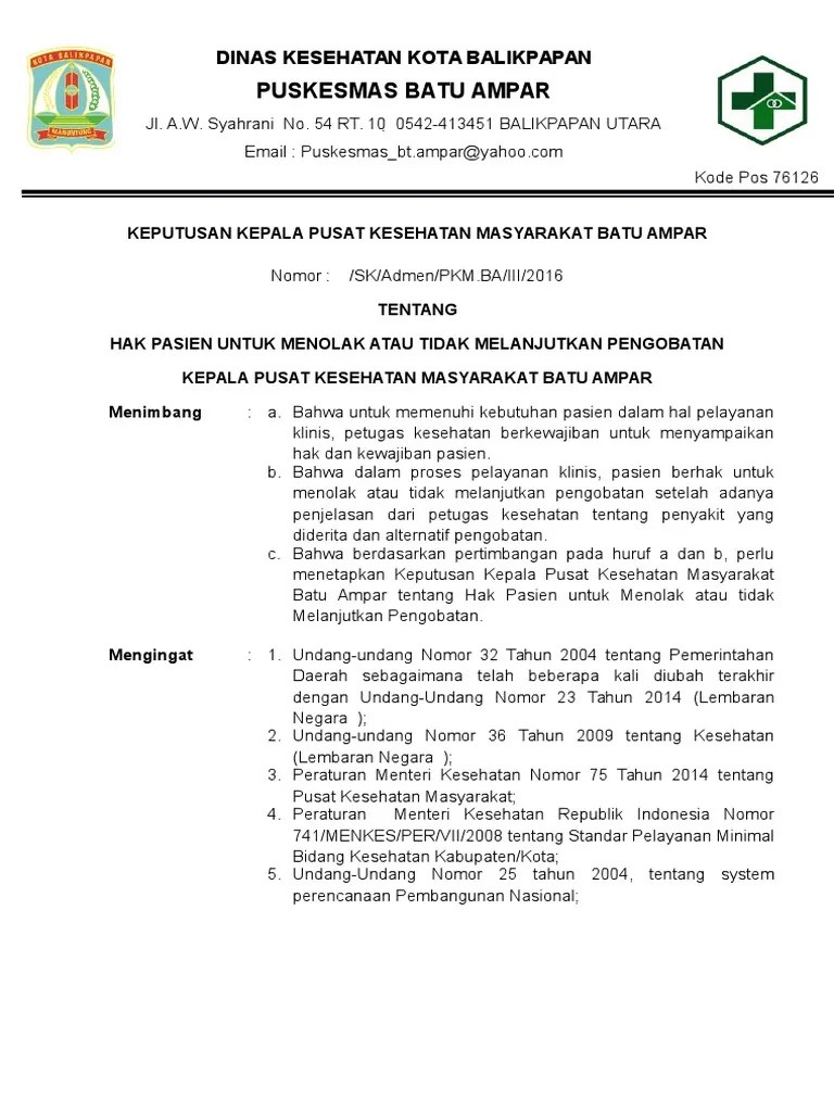 7.6.7.a SK HAK PASIEN UNTUK MENOLAK ATAU TIDAK MELANJUTKAN PENGOBATAN Ok |  PDF