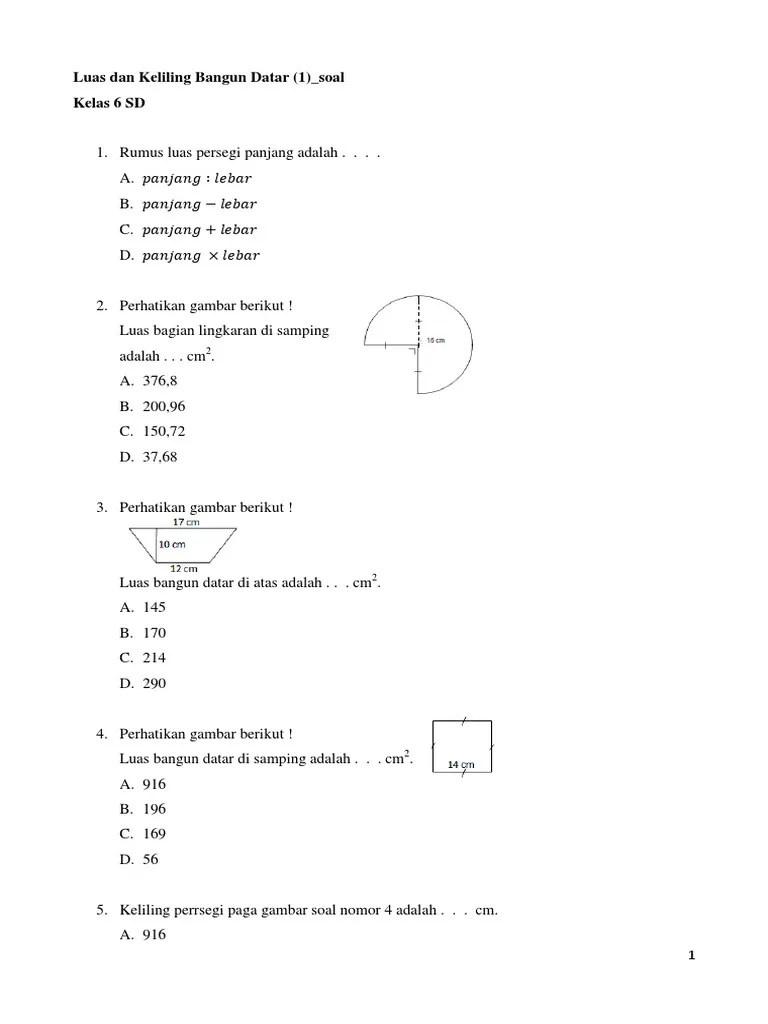 L = л x r dan k = 2 x л x r. Luas Dan Keliling Bangun Datar Kelas Vi Sd 1 Pdf