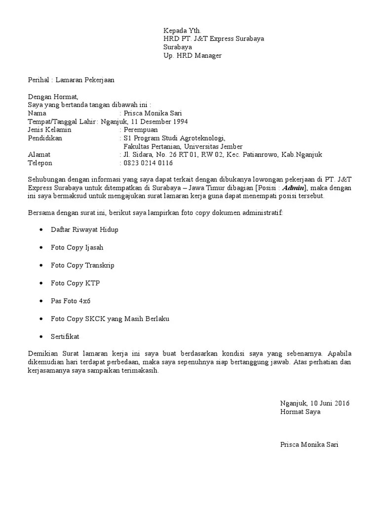19.10.2021 · contoh surat lamaran kerja di j&t posisi staf gudang · pas foto · fotokopi ktp · curriculum vitae · fotokopi transkrip nilai · fotokkopi skck. J N T Pdf
