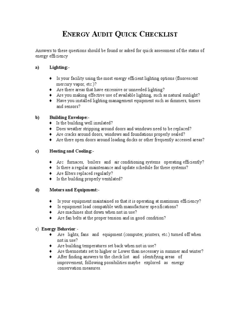 Energy Audit Quick Checklist | PDF | Building Insulation | Lighting