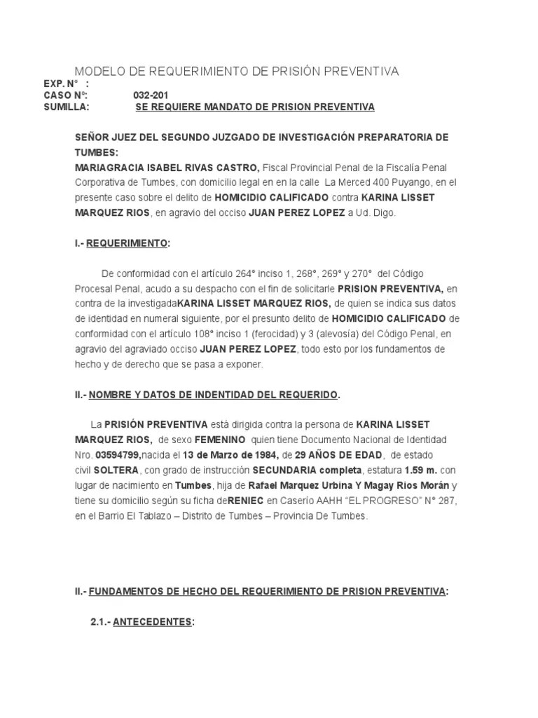 Modelo De Requerimiento De Prisión Preventiva | PDF | Homicidio | Castigos