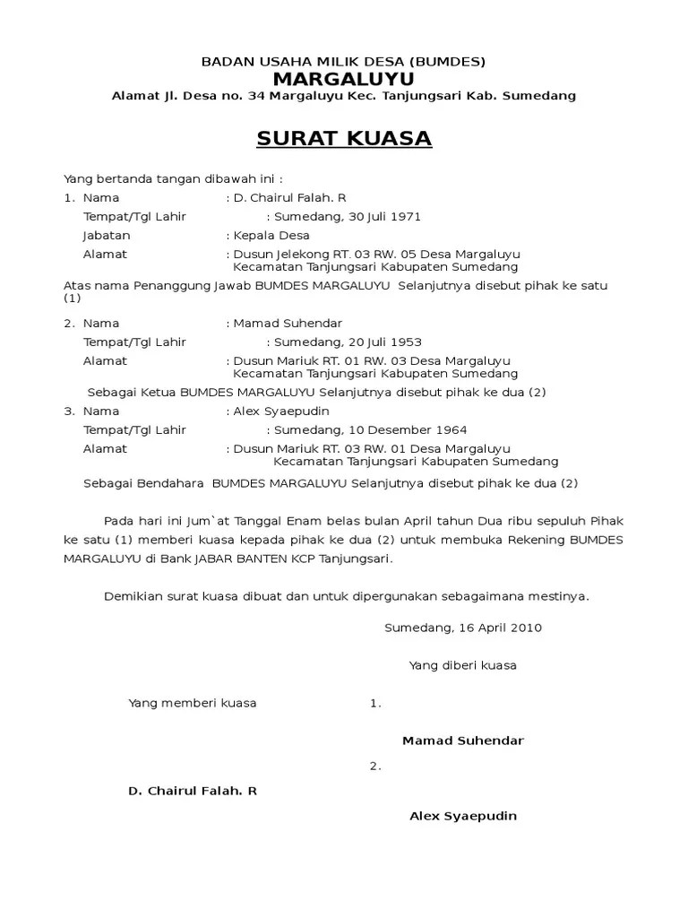 Untuk memberikan kuasa mengambil uang di bank bca kepada orang . Surat Kuasa Bumdes Pdf