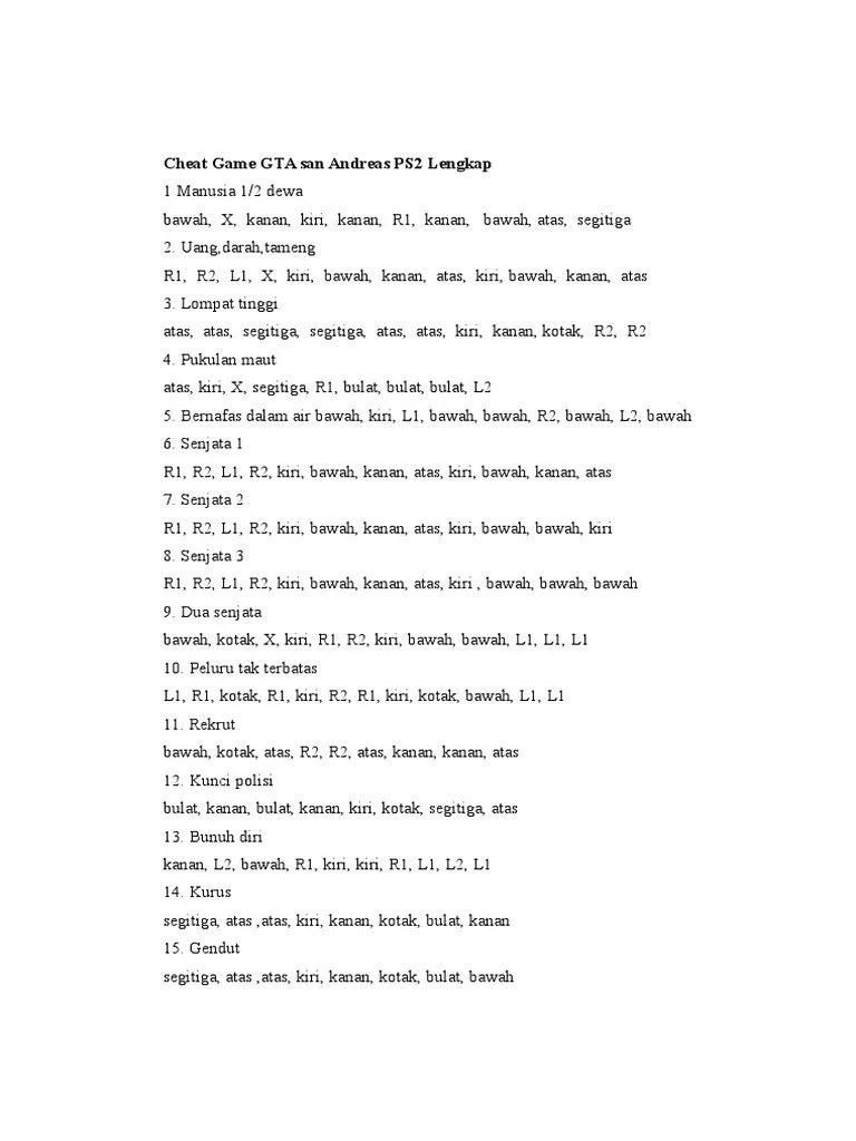 Cheat Game GTA San Andreas PS2 Lengkap | PDF