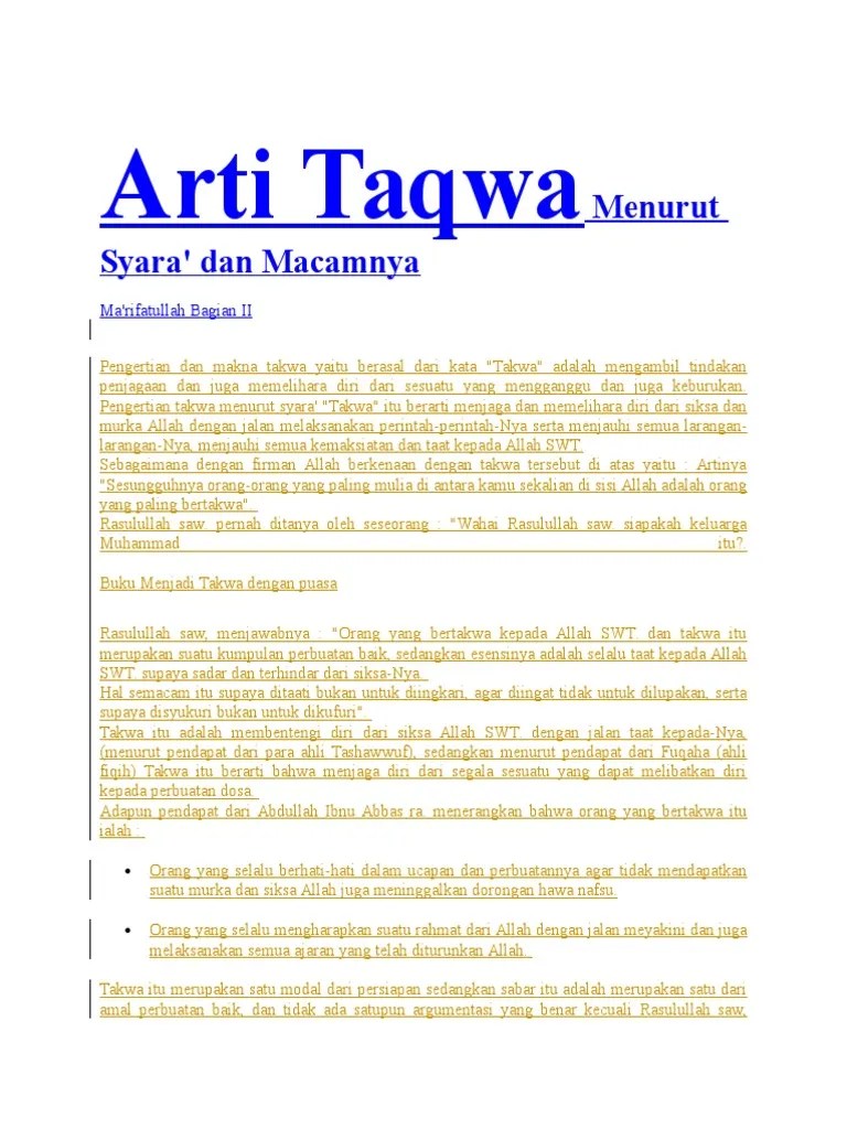 Arti Taqwa Menurut Syara | PDF