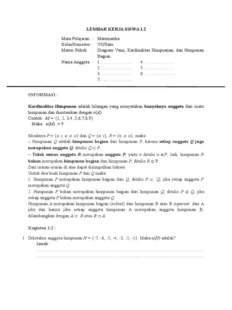 Pengembangan lembar kerja siswa (lks) matematika berbasis masalah untuk kelas vii smp pada materi himpunan siti komariyah 1), hera deswita 2), . Lks Diagram Venn Pdf