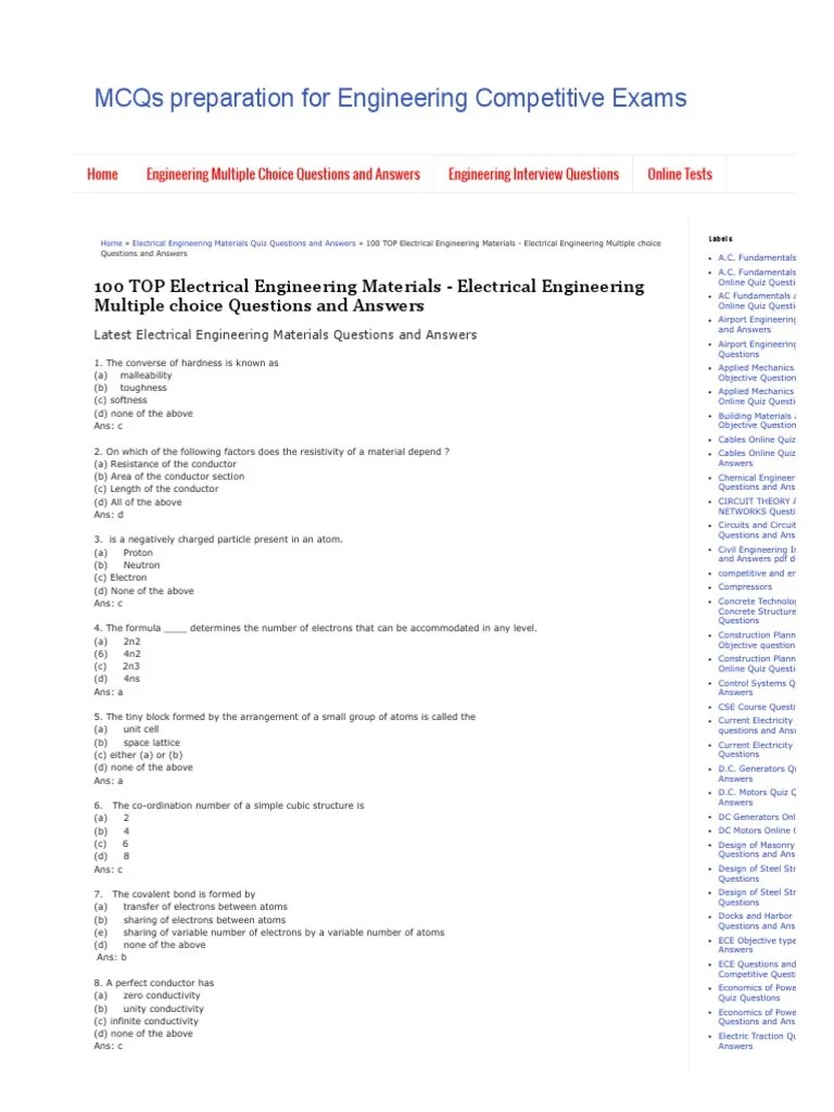 21 - 100 TOP Electrical Engineering Materials - Electrical Engineering Multiple Choice Questions ...