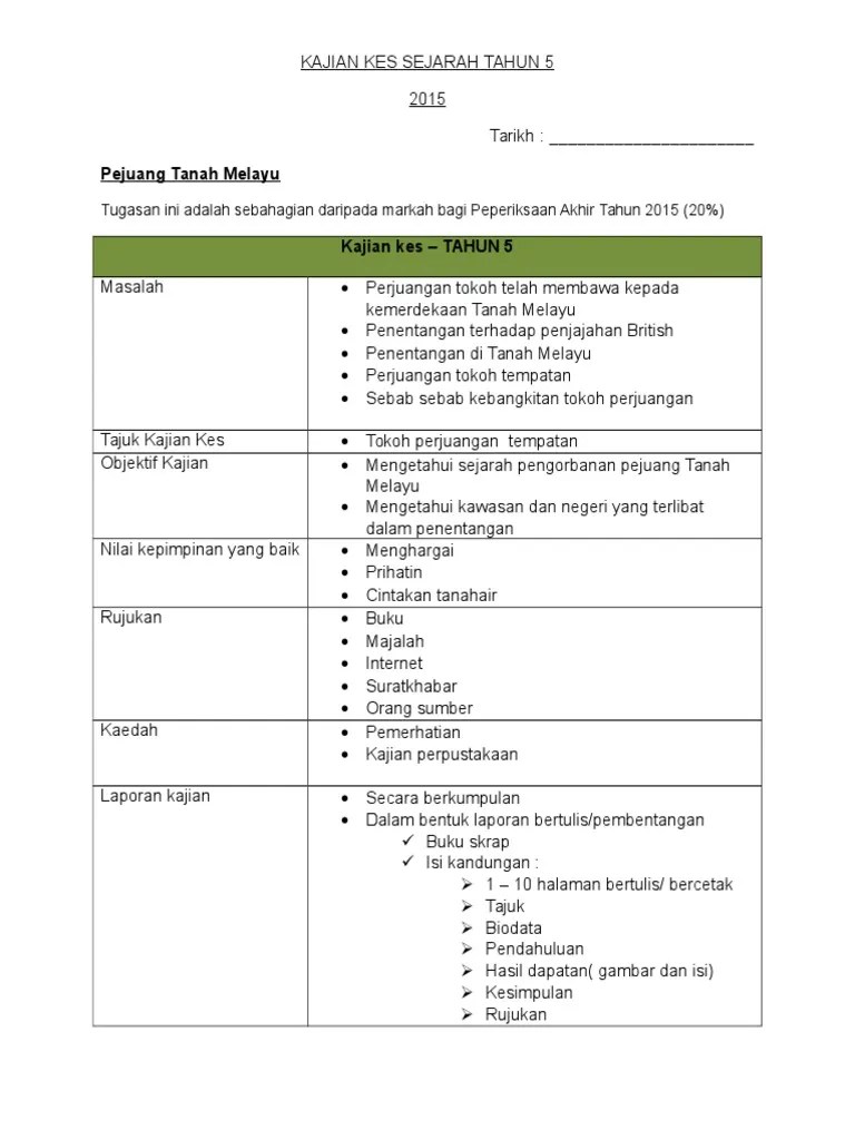 Contoh format dan laporan kajian kes sejarah tahun 4 kssr semakan. Kajian Kes Sejarah Tahun 5 Pdf