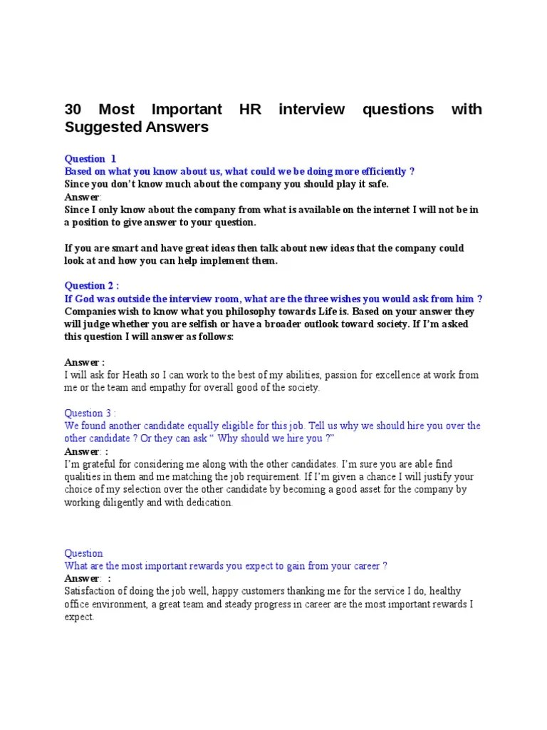 30 Most Important HR Interview Questions With Suggested Answers | PDF | Friendship | Social ...
