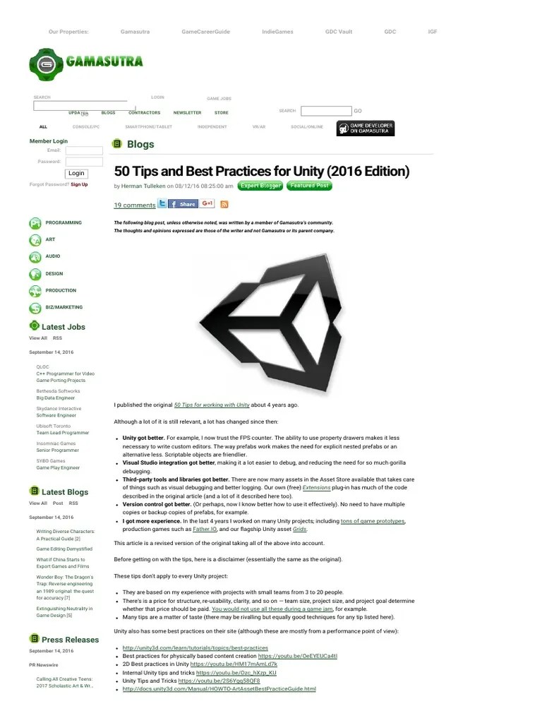 50 Tips And Best Practices For Unity (2016 Edition) | PDF | Games ...