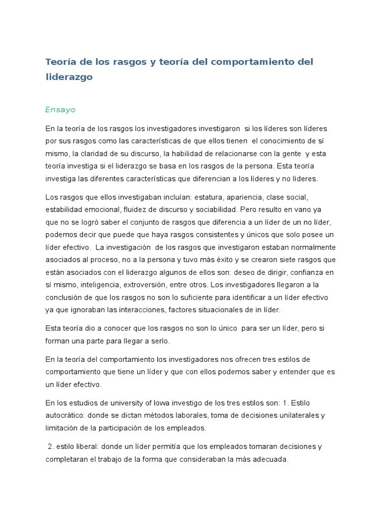 Teoría De Los Rasgos Y Teoría Del Comportamiento Del Liderazgo | PDF ...