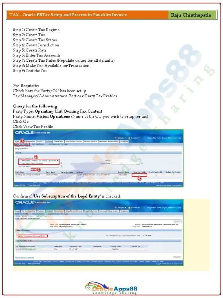 TAX - Oracle EBTax Setup And Process In Payables Invoice Training Manual | Download Free PDF ...