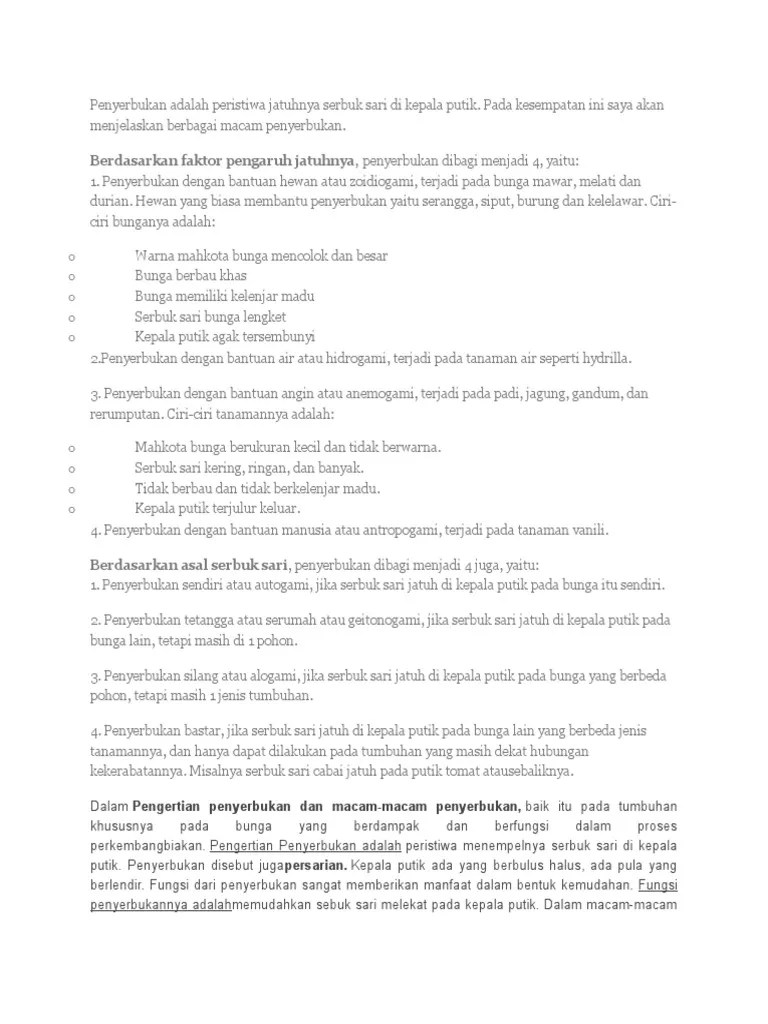 Penyerbukan Adalah Peristiwa Jatuhnya Serbuk Sari Di Kepala Putik | PDF