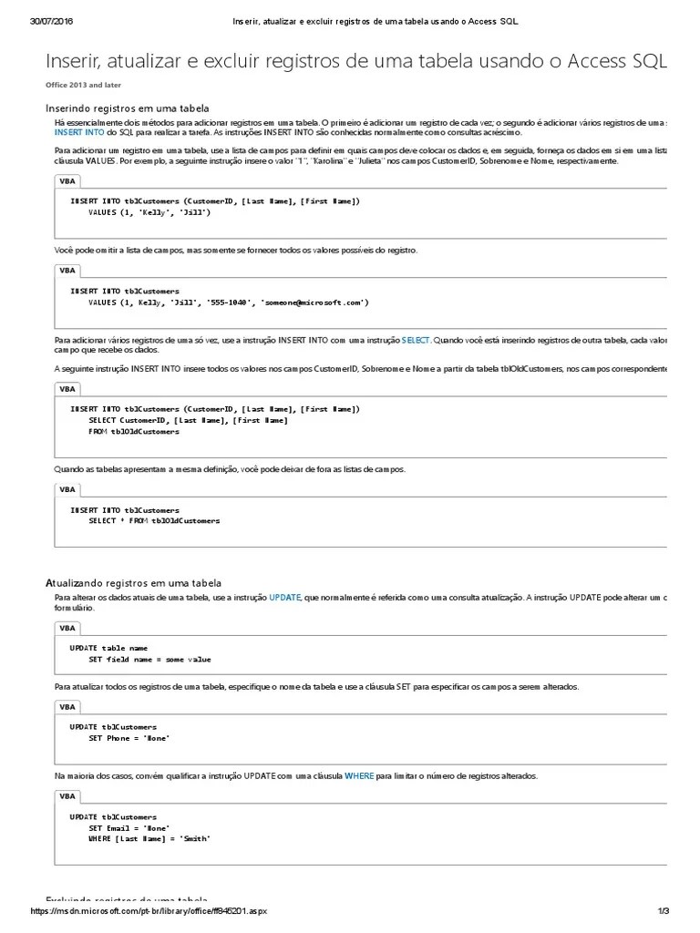 Inserir, Atualizar E Excluir Registros De Uma Tabela Usando O Access ...