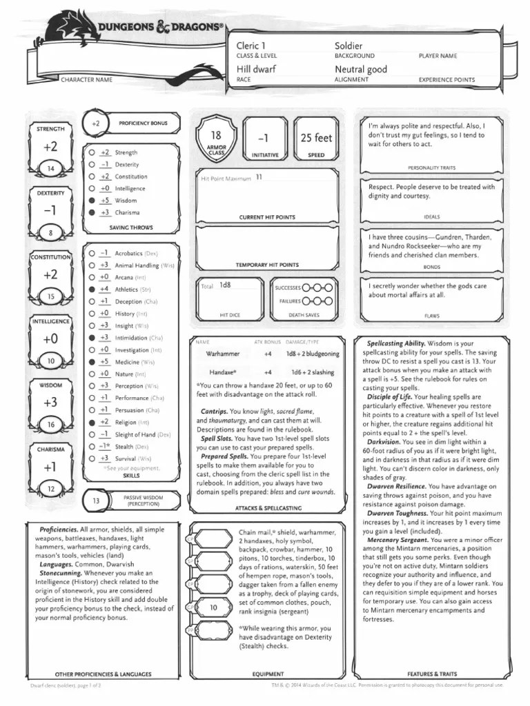 dd 5e premade character sheets dungeons dragons