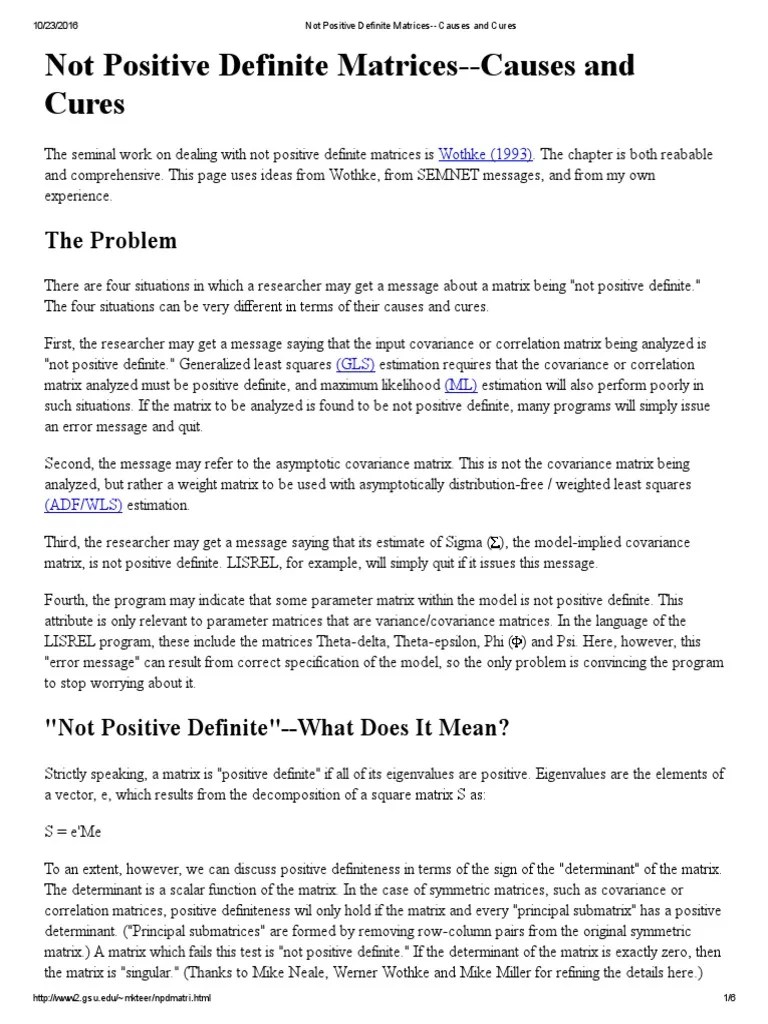 Not Positive Definite Matrices - Causes And Cures | PDF | Covariance Matrix | Matrix (Mathematics)