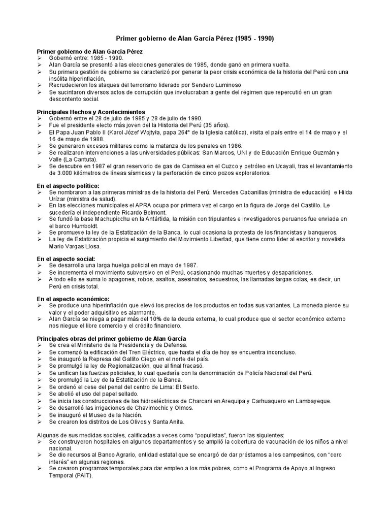 Primer Gobierno De Alan García Pérez | PDF | Perú | Política (general)