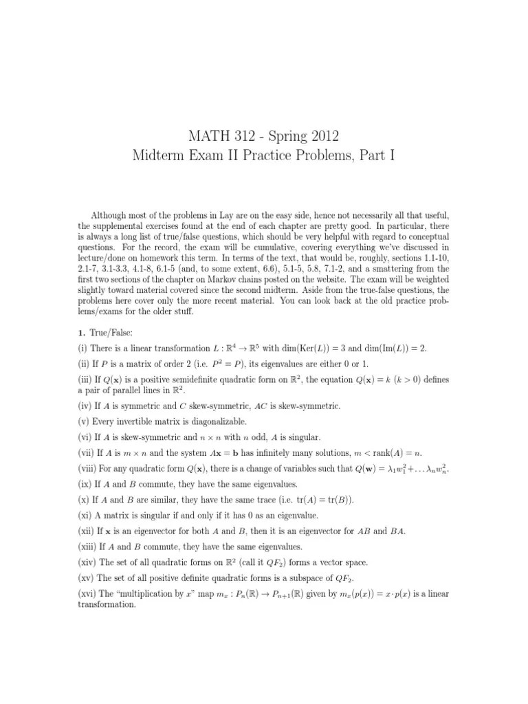 MATH 312 - Spring 2012 Midterm Exam II Practice Problems, Part I | PDF ...