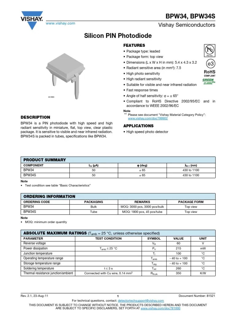 Bpw34 Photodiode Datasheet Electrical Engineering