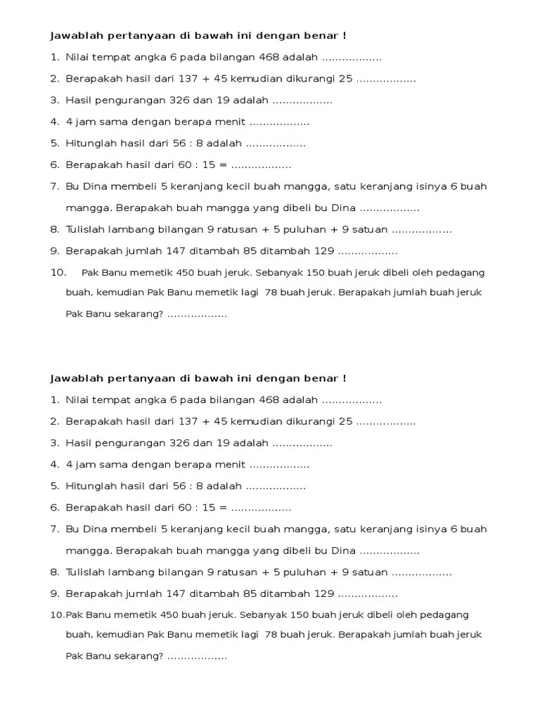 Soal latihan matematika yang berbentuk pilihan ganda (pg) bertujuan untuk melatih anak dalam mempersiapkan lomba calistung (membaca, menulis dan berhitung) . Contoh Soal Lomba Calistung Kelas 2 Sd Pdf