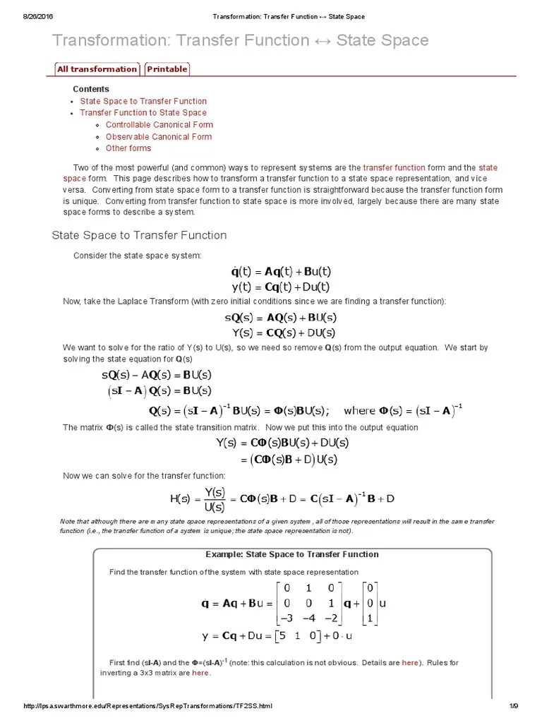 Transformation - Transfer Function State Space | PDF | Derivative | Equations