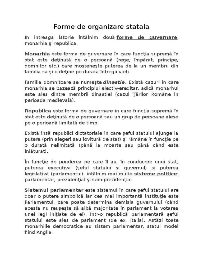 Formele de organizare statala au fost: Forme De Organizare Statala