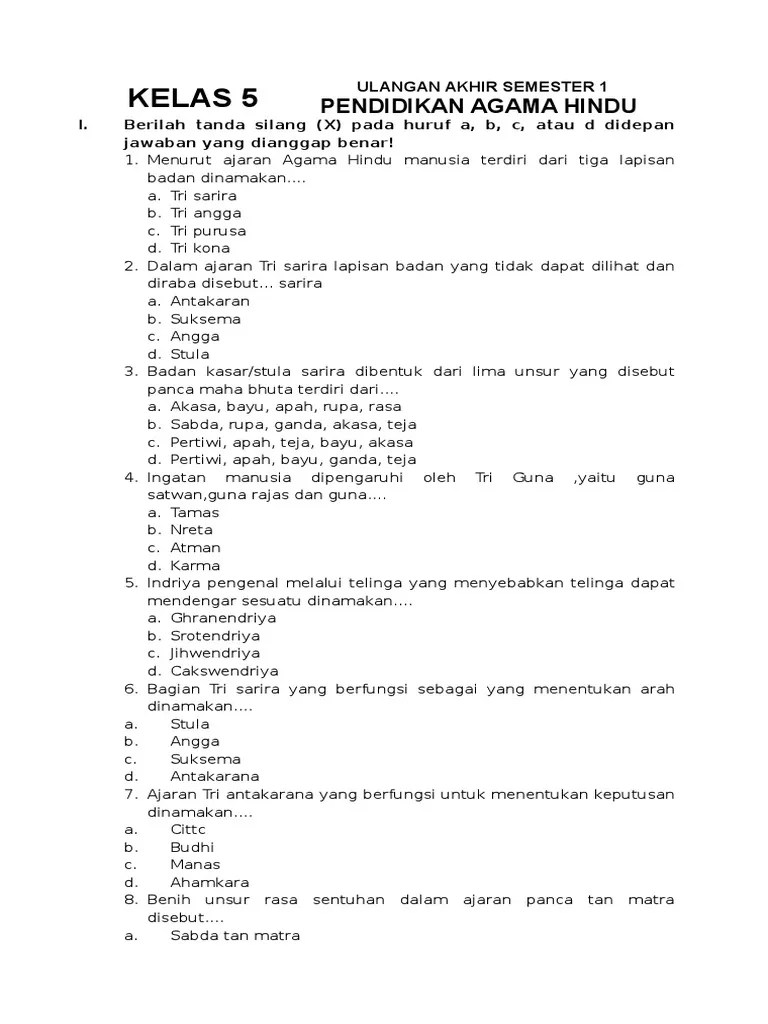 Soal uas agama hindu kelas 12 semester 1. Pendidikan Agama Hindu Uas Kelas 5 Semester 1