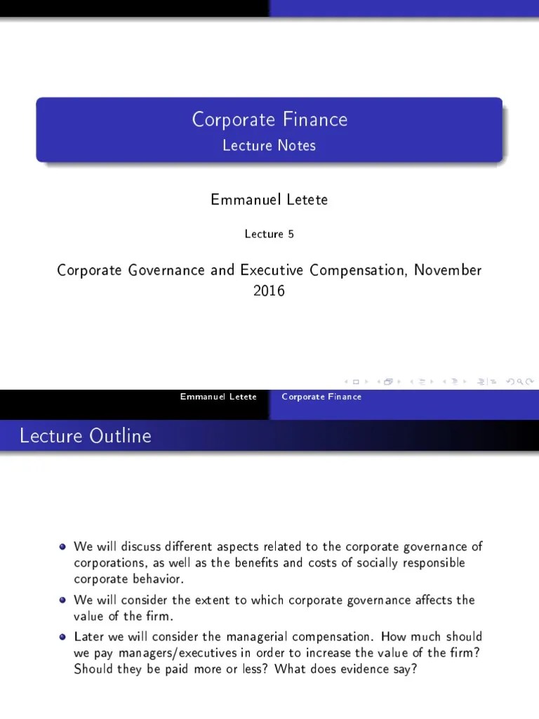 Corporate Finance Lecture 5 | PDF | Corporate Governance | Takeover