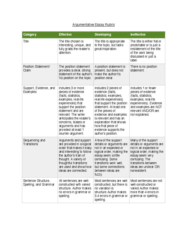 Argumentative Essay Rubric | PDF | Argument | Essays