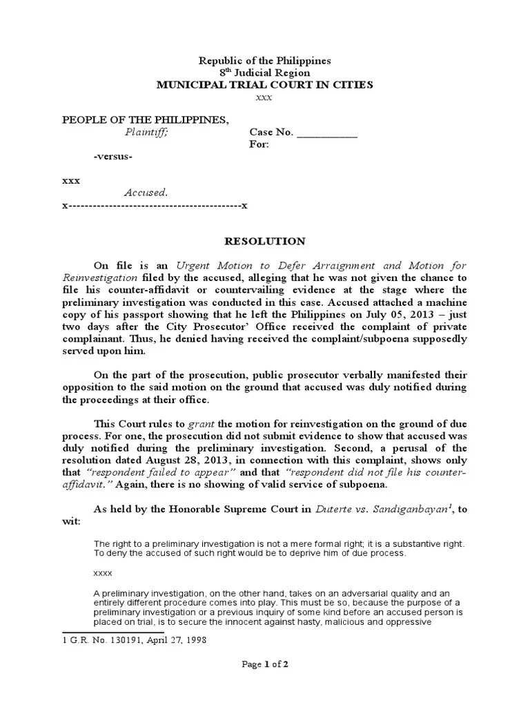 Motion For Reinvestigation Reso | PDF | Prosecutor | Due Process Clause