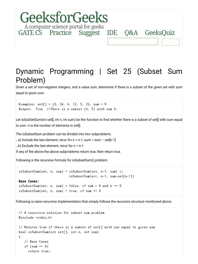 Dynamic Programming - Subset Sum Problem | PDF | Dynamic Programming ...