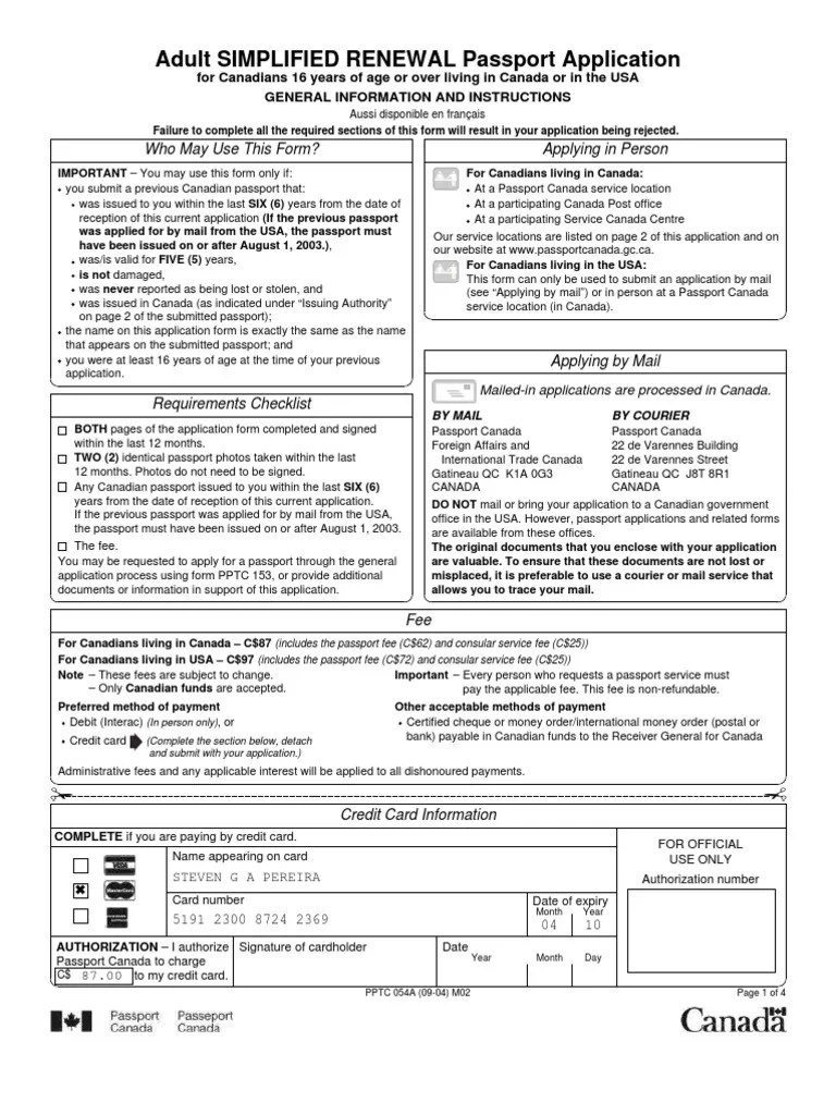 Canada Passport Form Pptc054 | Money Order | Credit Card | Free 30-day Trial | Scribd