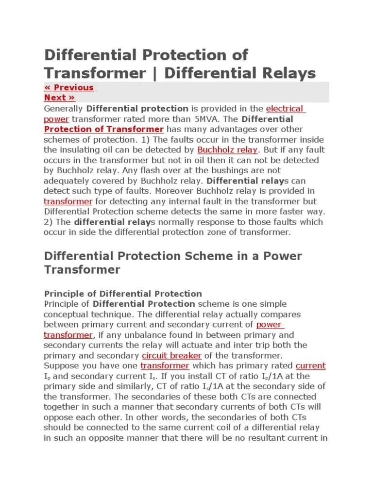 Differential Protection Of Transformer Differential Relays | PDF | Transformer | Relay
