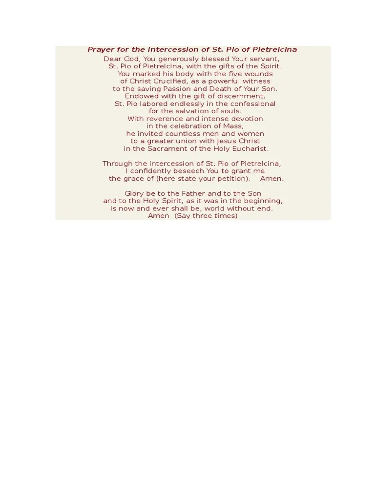 Prayer For The Intercession Of St. Pio | PDF