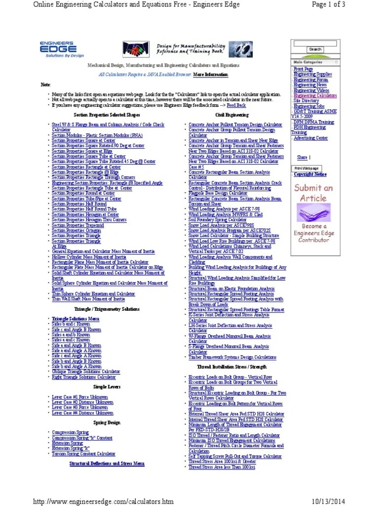 Mechanical Design, Manufacturing And Engineering Calculators And Equations | PDF | Bending ...