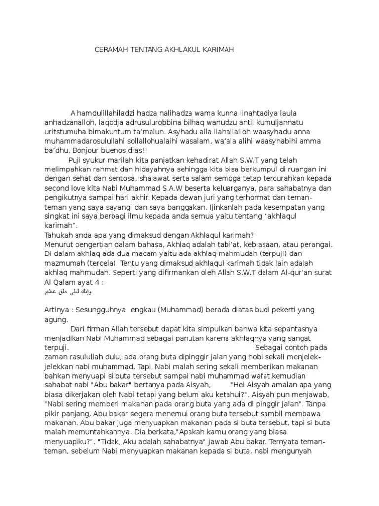 Contoh yang baik, dan belajar menahan diri dari. Ceramah Tentang Akhlakul Karimah