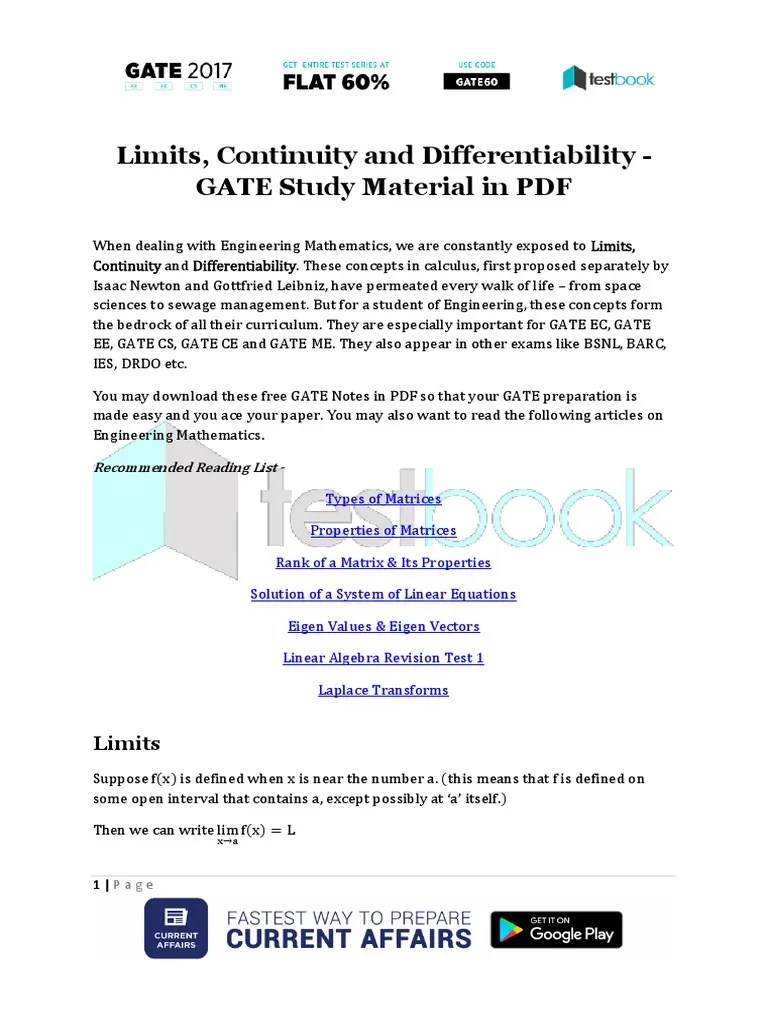 Limits, Continuity And Differentiability - GATE Study Material In PDF ...