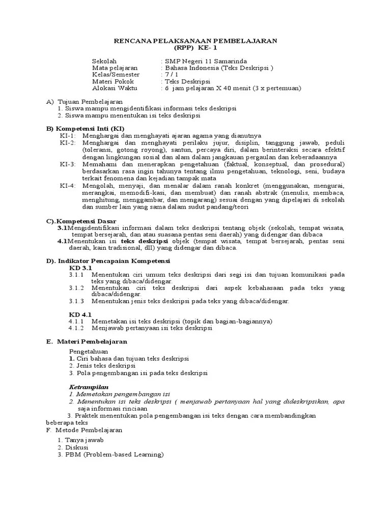 Berikut merupakan ciri umum teks deskripsi, kecuali. Rpp 1 Baru Smp 2 Pdf