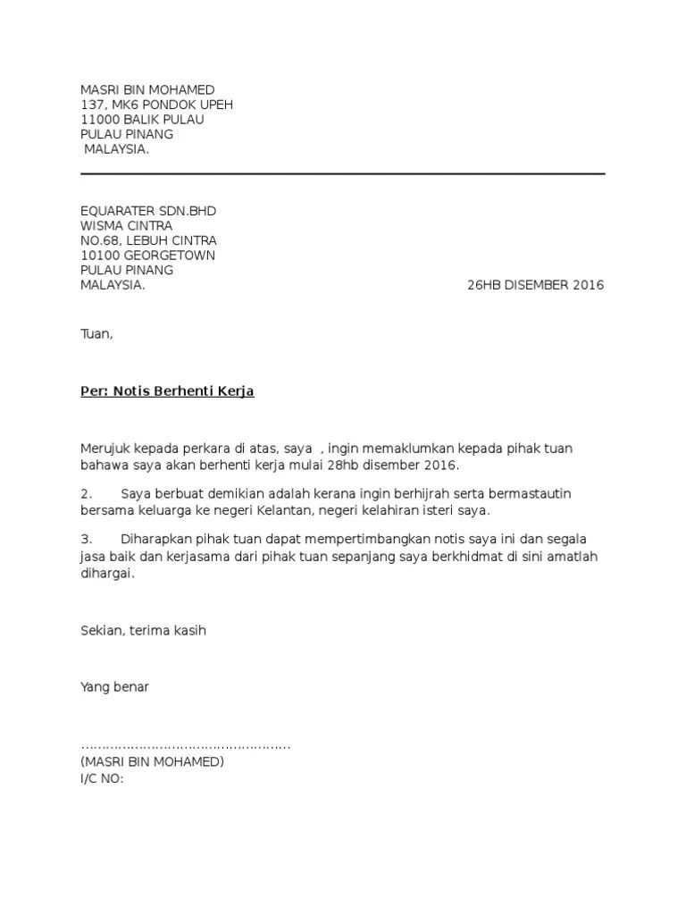 Contextual translation of contoh surat berhenti kerja into english. Contoh Surat Berhenti Kerja Notis Sebulan