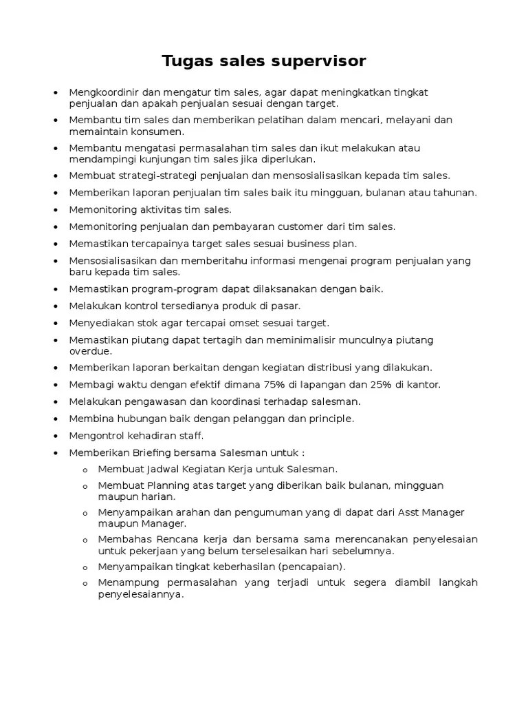 Mengawasi team mengenai implementasi strategi pencapaian target dalam jangka . Tugas Sales Supervisor Pdf