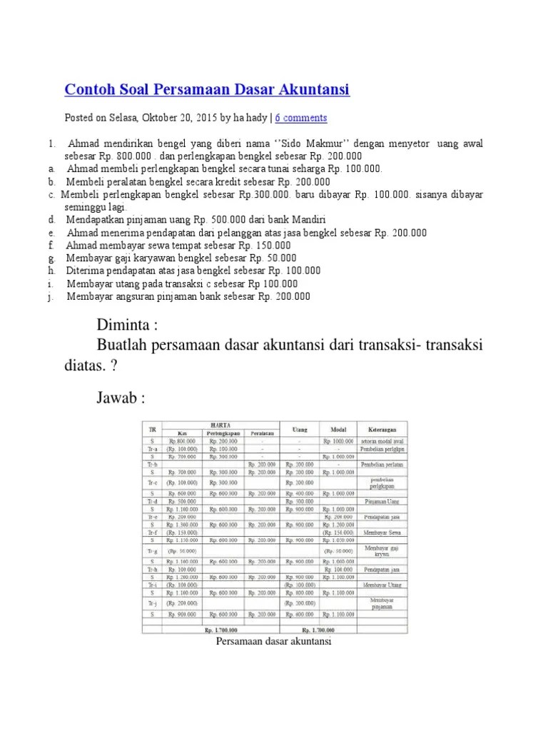Semua orang hidup terikat dan bergantung pada pengetahuan atau persepsinya sendiri, itulah kenyataan. Contoh Soal Persamaan Dasar Akuntansi Kelas X Masnurul