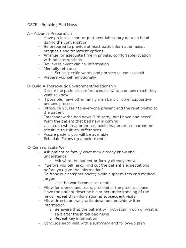 OSCE - Breaking Bad News | PDF | Palliative Care | Psychology