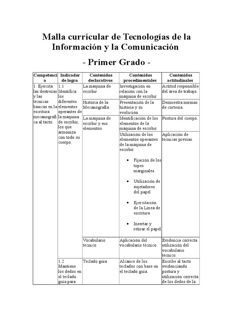 Malla Curricular De Tecnologías De La Información Y La Comunicación PRIMERO | PDF