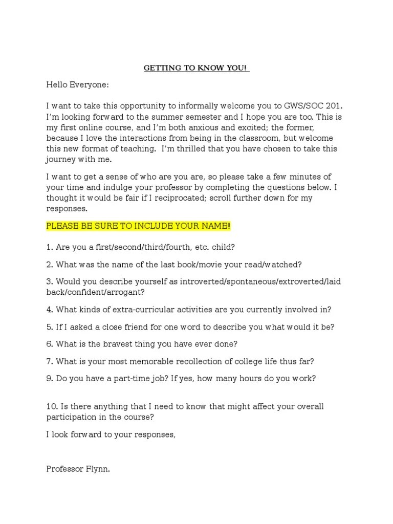 Getting To Know You! | PDF | Extraversion And Introversion