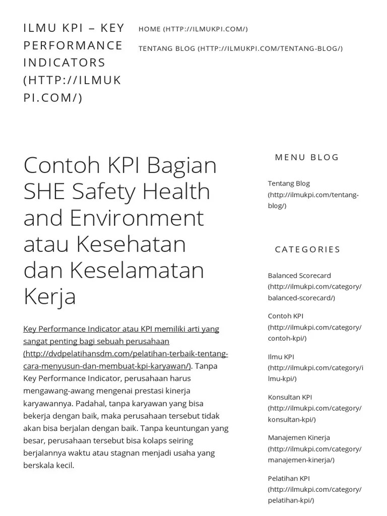Dalam upaya penyediaan air bersih di kota surabaya, perusahaan daerah ini. Ilmu Kpi Key Performance Indicators Contoh Kpi Bagian She Safety Health And Environment Atau Kesehatan Dan Keselamatan Kerja