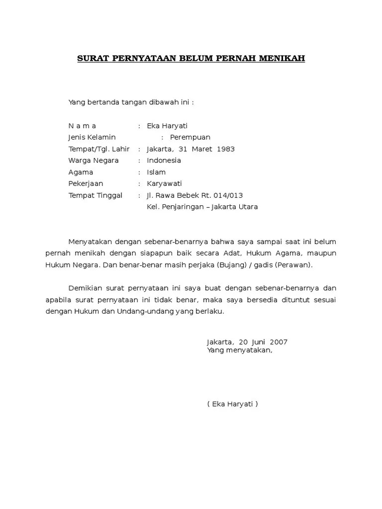 Surat Pernyataan Belum Pernah Menikah | PDF